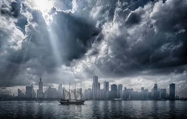 Sea, light, clouds, sailboat, Chicago, USA, Il, Chicago