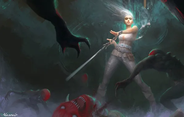 Darkness, sword, monsters, The Witcher 3: Wild Hunt, Ciri