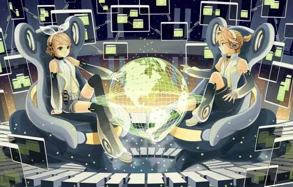 Chair, headphones, vocaloid, the globe, Kagamine Rin, globe, monitors, screens