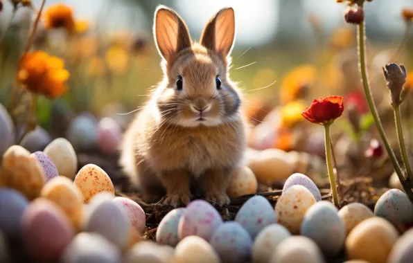 Look, light, flowers, nature, holiday, glade, hare, eggs