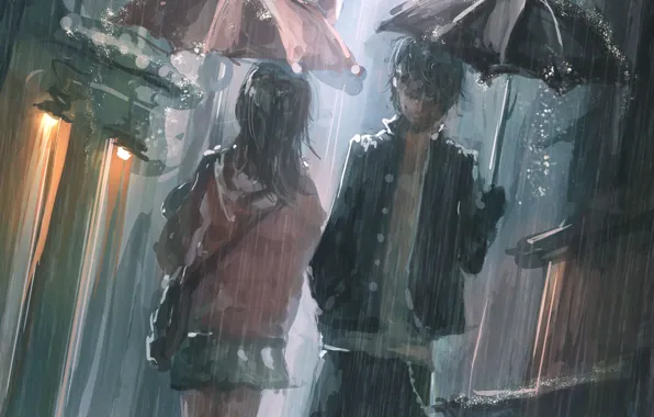 Rain, umbrella, anime, male
