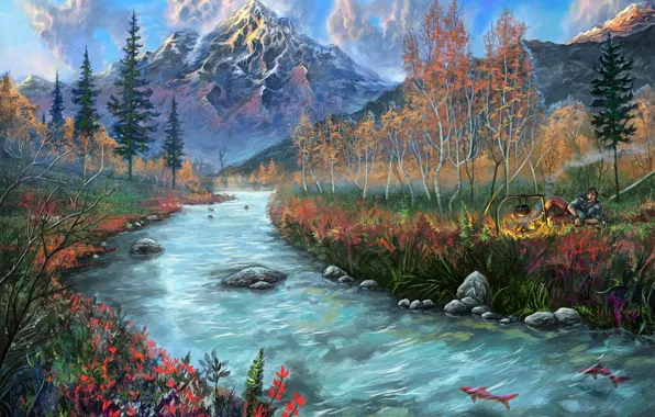 Picture fish, mountains, river, stones, people, art, the fire, painted landscape