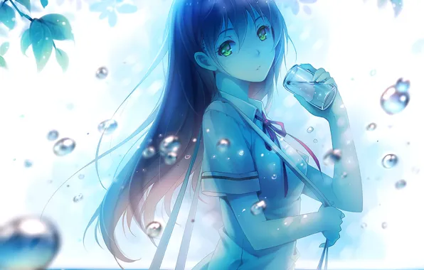 Picture water, girl, bubbles, branch, anime, art, form, schoolgirl