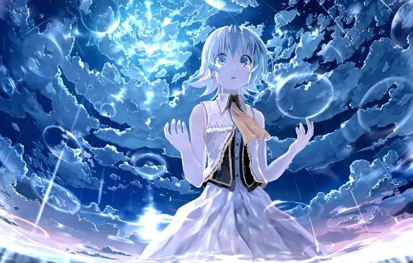 Picture the sky, girl, clouds, drops, rain, tears, art, vocaloid