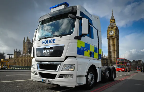 Police, London, tractor, Big Ben, Man