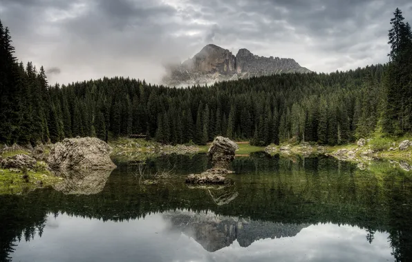 Forest, the sky, clouds, mountains, nature, lake, mediocrity