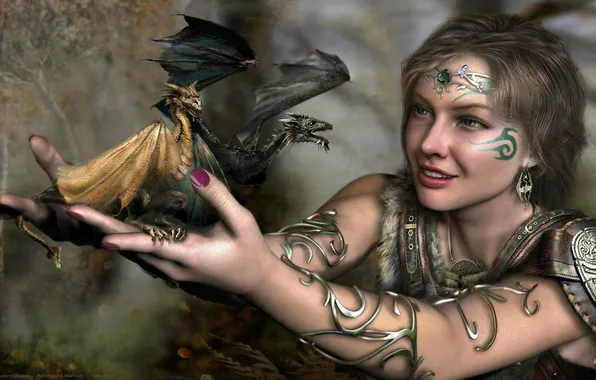 Girl, decoration, metal, pattern, dragons, earrings, hands, tattoo