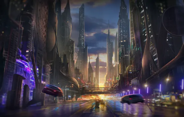 Road, sunset, machine, the city, future, fiction, skyscrapers, the evening