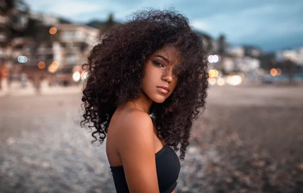 Beach, look, girl, face, the city, lights, shore, coast