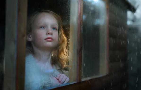 Picture house, rain, window, girl