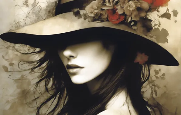 Picture girl, flowers, portrait, hat, painting, imitation painting, AI art, neural network