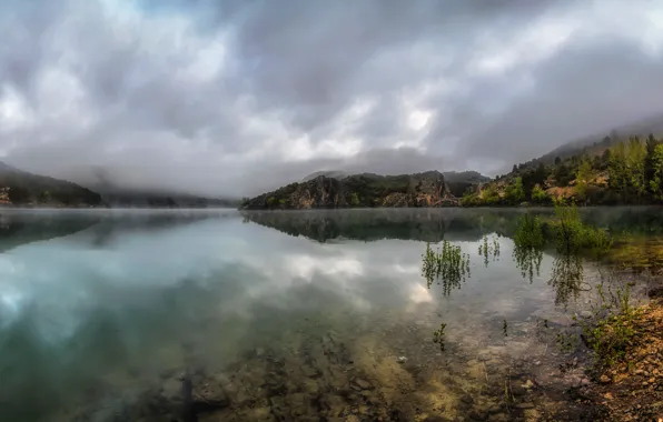 Trees, mountains, fog, river, rocks, Spain, Aragon