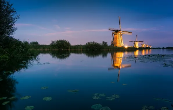 Backlight, channel, mill, Netherlands, Holland, Kinderdijk