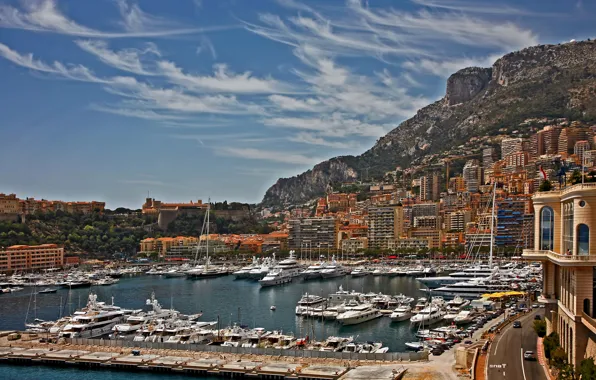 The sky, mountains, home, yachts, boats, harbour, Monaco, Monte Carlo