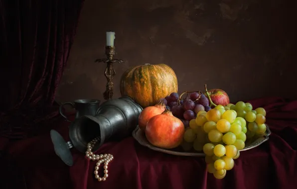 Apple, candle, necklace, grapes, pumpkin, pitcher, still life, garnet