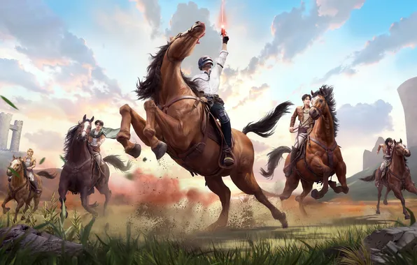 Battlefield, gun, pistol, sky, weapon, war, horse, shingeki no kyojin