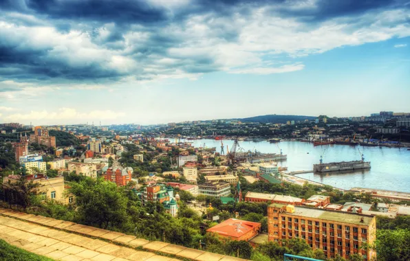 The sky, clouds, river, HDR, home, ships, Russia, piers