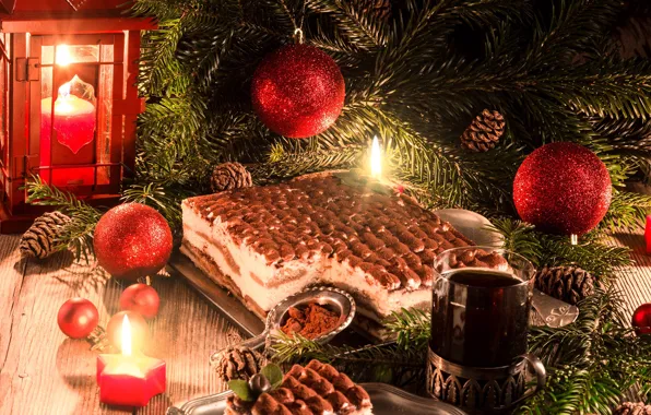 Night, balls, tea, tree, candles, Christmas, lantern, cake