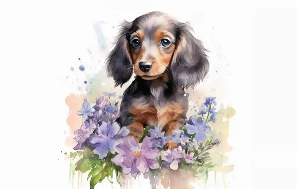 Dog, puppy, Dachshund, painting, digital painting, AI art, neural network, the art of artificial intelligence