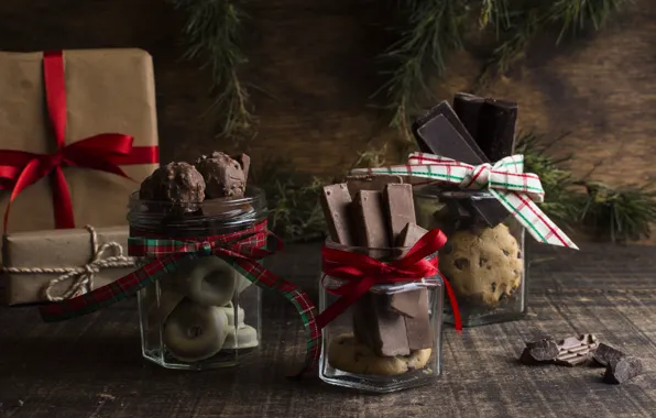 Decoration, gift, chocolate, New Year, cookies, Christmas, Christmas, wood
