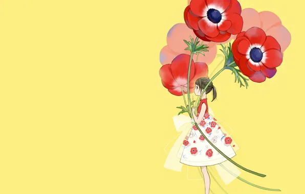 Picture flowers, Maki, anime, girl, yellow background