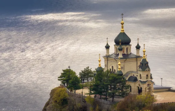 Picture sea, Church, temple, Russia, Crimea, rock, The black sea, Foros