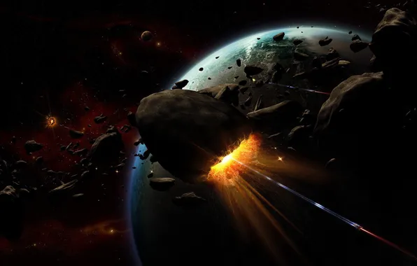 Picture the explosion, planet, asteroids
