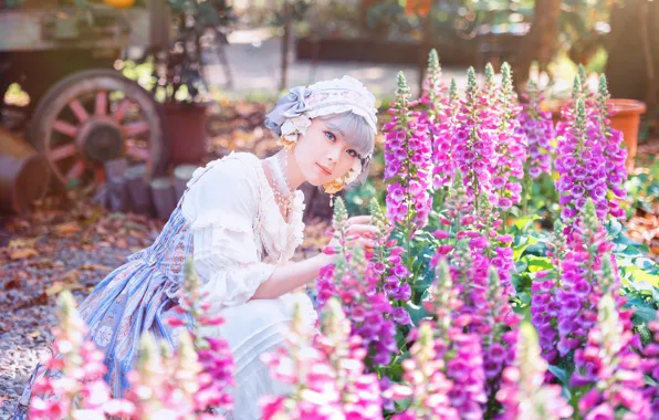 Picture summer, girl, light, flowers, nature, style, garden, dress
