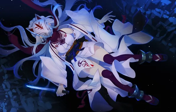 Girl, flight, weapons, mask, knife, yukata, art, shoujo shiniki shoujo tengoku