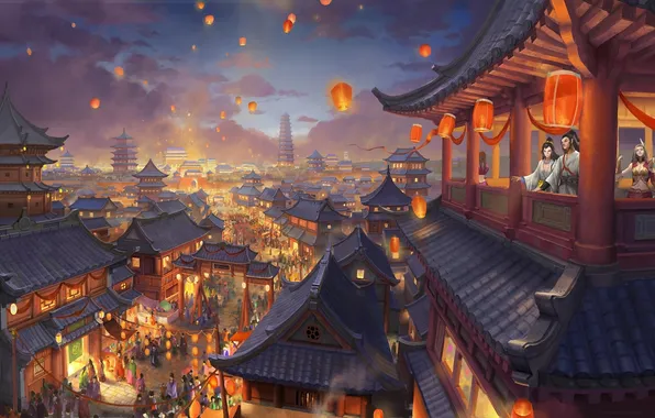 Night, the city, lights, people, holiday, Asia, art, sky lanterns