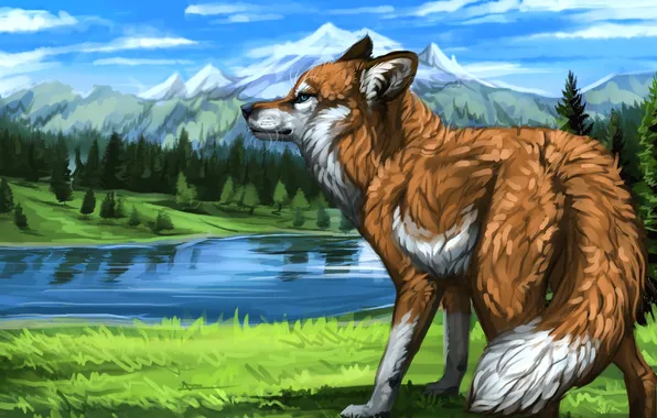 Picture mountains, nature, animal, art, tail, red, Fox