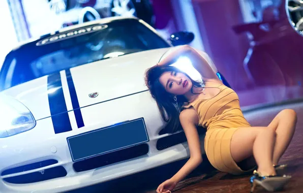Picture look, Girls, Porsche, Asian, beautiful girl, white car, posing on the car