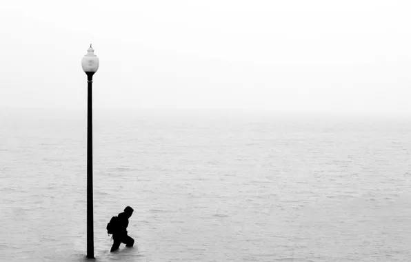 Water, horizon, flood, guy, infinity, lamppost