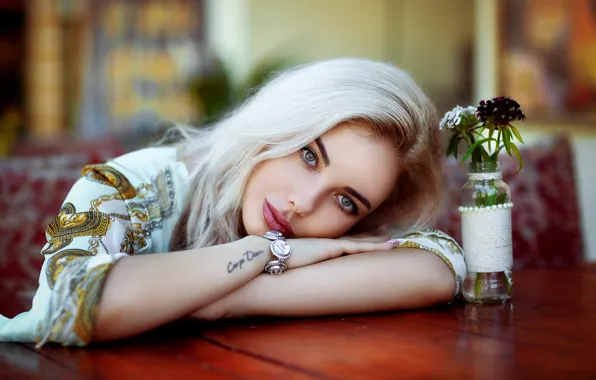 Picture look, girl, flowers, face, mood, portrait, hands, tattoo