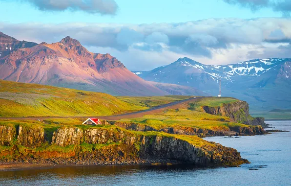 Picture sea, the sun, clouds, mountains, coast, house, Iceland