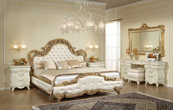 Picture design, room, bed, interior, mirror, chandelier, bedroom