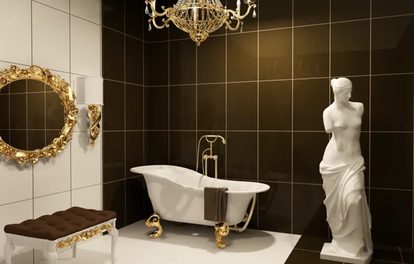 Reflection, sink, mirror, tile, lamp, statue, bathroom, Venus