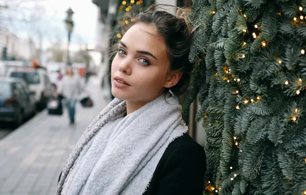 Picture look, street, new year, portrait, lights, makeup, scarf, brunette