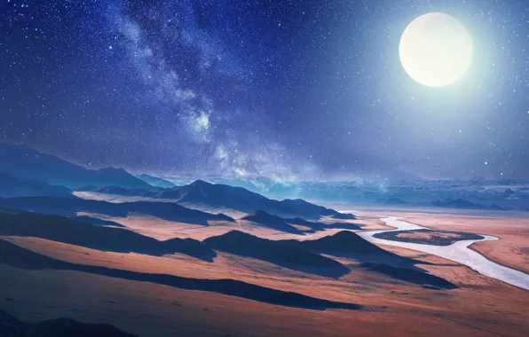The sky, space, stars, light, night, river, rendering, hills