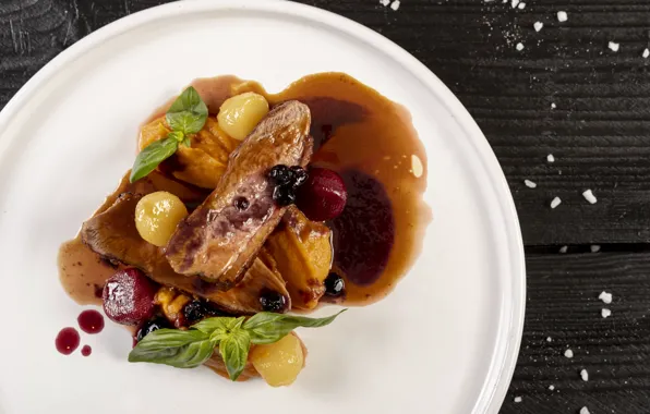 Berries, plate, meat, fruit, sauce, dish, Basil