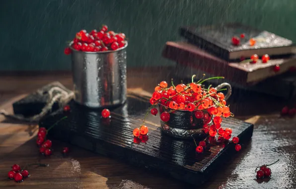 Picture book, red, cutting Board, table, mug, Cup, rain, berries