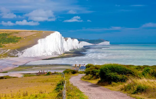 Picture road, sea, the sky, clouds, trees, open, rocks, England