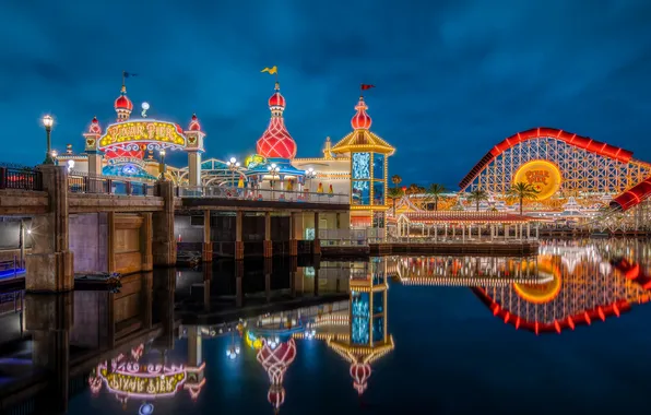Bridge, lights, lake, Park, CA, rides, Disneyland, Pixar Pier