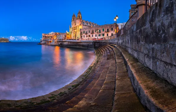 The city, the evening, lighting, lights, Church, promenade, Malta, Malta