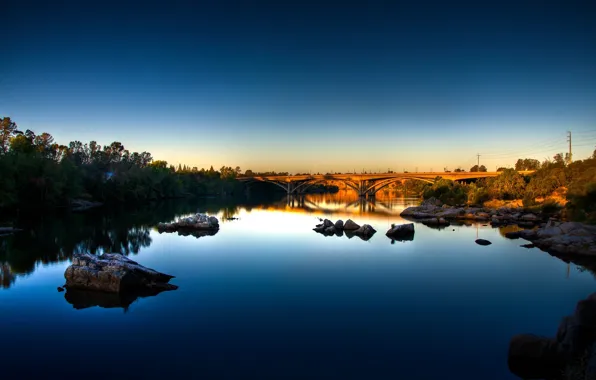 The sky, blue, bridge, reflection, river, stones, morning, CA