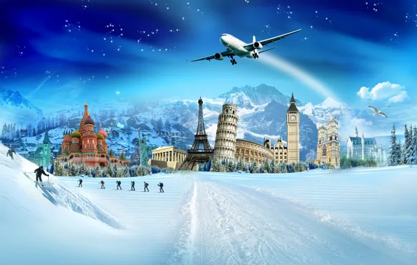 Winter, snow, birds, Eiffel tower, the Kremlin, skiers, Colosseum, tree