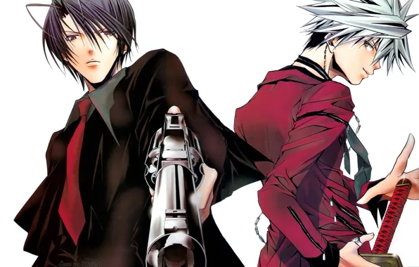Weapons, zombies, tie, white background, guys, Chika Akatsuki, Shito Tachibana, Zombie loan