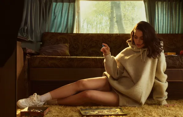 Sofa, actress, brunette, lies, legs, beautiful, sneakers, puzzle