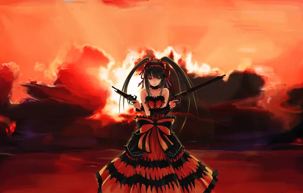 Look, girl, sunset, smile, weapons, art, date a live, tokisaki kurumi