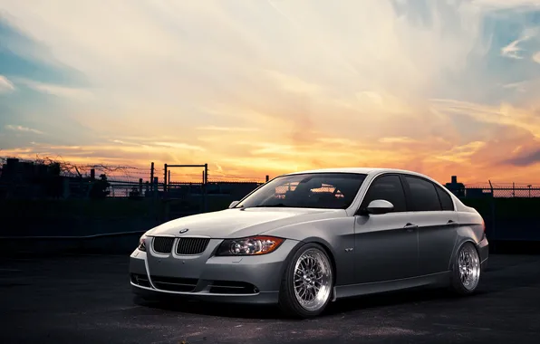 The sky, sunset, BMW, BMW, silver, front, E90, silvery